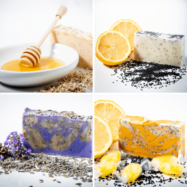 Collection of images of the Handmade Artisan soap bars including Honey & Oat, Lemon & Poppy, Lavender Swirl and Lemon Sherbet soaps