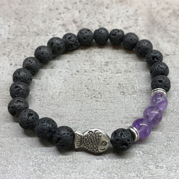 Lava Bead Bracelet with Amethyst gemstones and Fish Charm