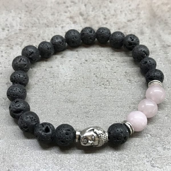 Lava Bead Bracelet with Rose Quartz gemstones and Buddha Charm