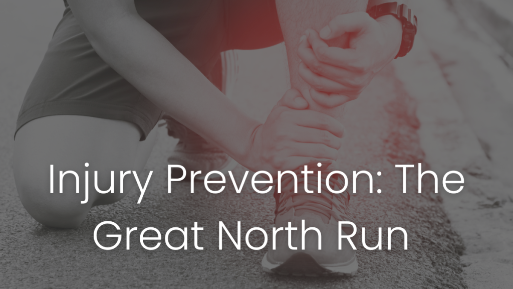 Injury prevention for The Great North Run blog banner. Background image of a runner holding his knee with the affected target area highlighted red.